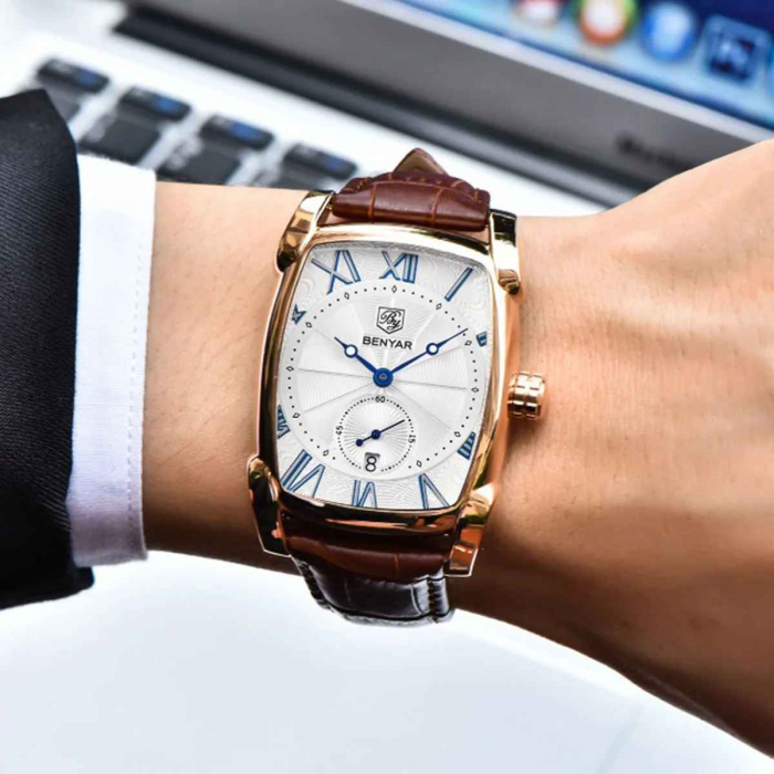Ceas bărbătesc BENYAR BY-5114M, quartz PE47, cadran dreptunghiular 41,7 mm, curea din piele, geam Hardlex [4]