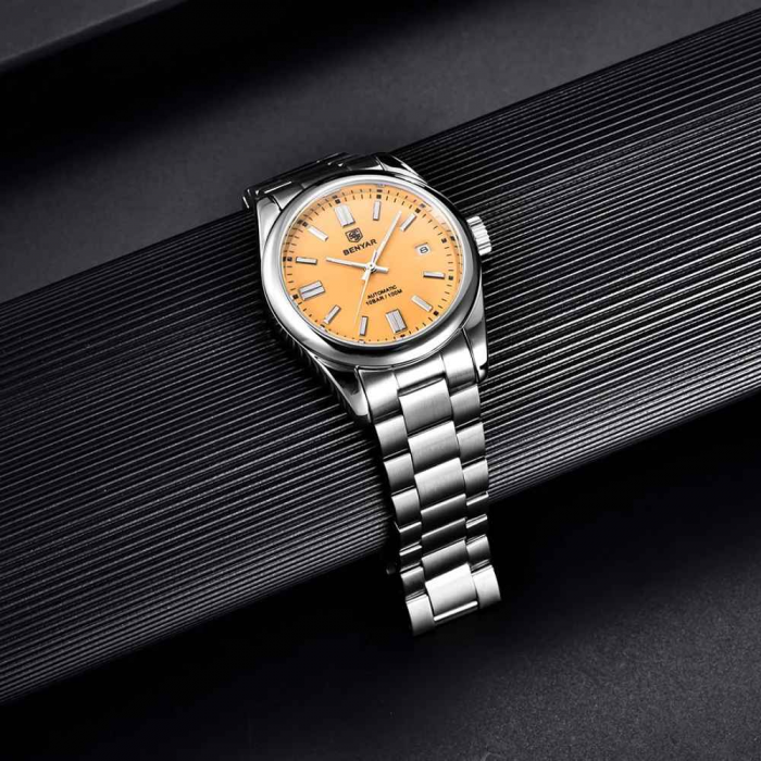 Ceas bărbătesc BENYAR BY-5185, cadran galben, automatic, mecanic, luxury sport, oțel inoxidabil, 10Bar, calendar complet [5]