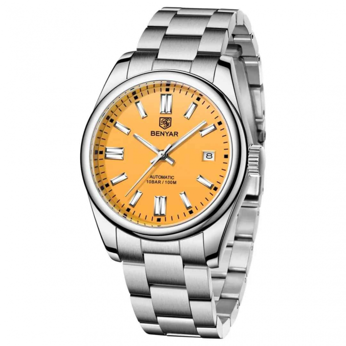 Ceas bărbătesc BENYAR BY-5185, cadran galben, automatic, mecanic, luxury sport, oțel inoxidabil, 10Bar, calendar complet [1]