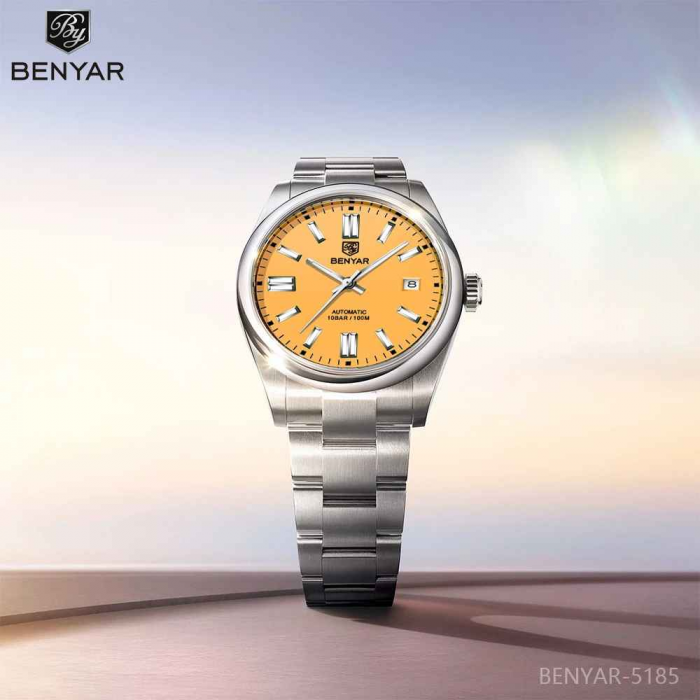 Ceas bărbătesc BENYAR BY-5185, cadran galben, automatic, mecanic, luxury sport, oțel inoxidabil, 10Bar, calendar complet [4]