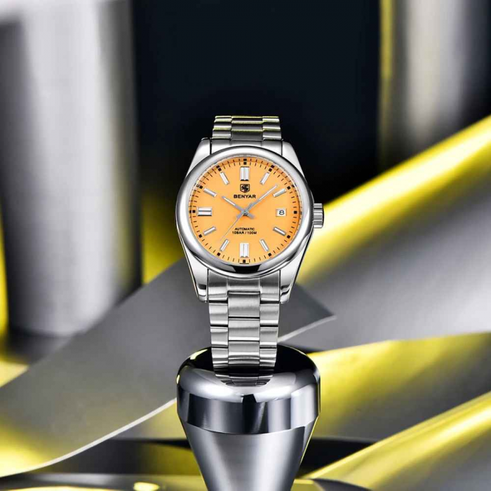Ceas bărbătesc BENYAR BY-5185, cadran galben, automatic, mecanic, luxury sport, oțel inoxidabil, 10Bar, calendar complet [2]
