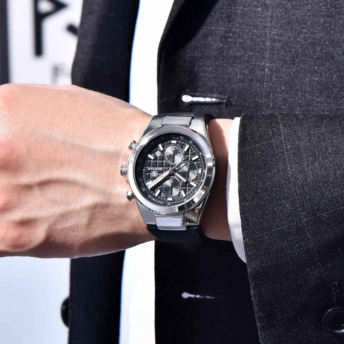 Ceas bărbătesc BENYAR BY-5206, cadran negru, cronograf quartz, luxury, curea din piele neagră, rezistent la apă 3Bar [6]