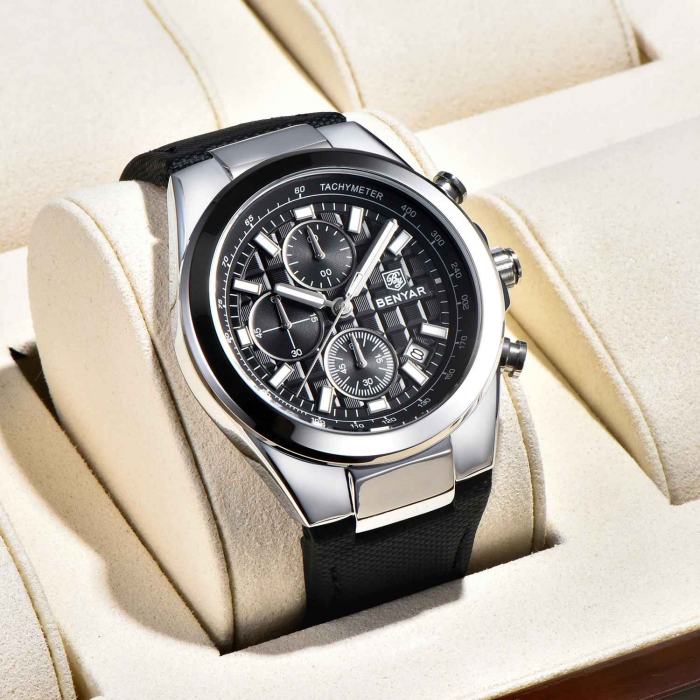 Ceas bărbătesc BENYAR BY-5206, cadran negru, cronograf quartz, luxury, curea din piele neagră, rezistent la apă 3Bar [5]