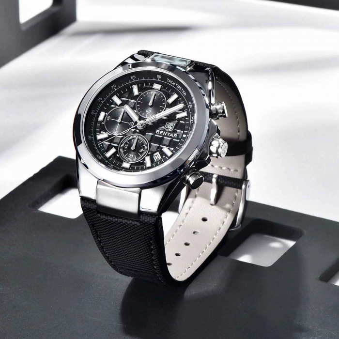 Ceas bărbătesc BENYAR BY-5206, cadran negru, cronograf quartz, luxury, curea din piele neagră, rezistent la apă 3Bar [2]