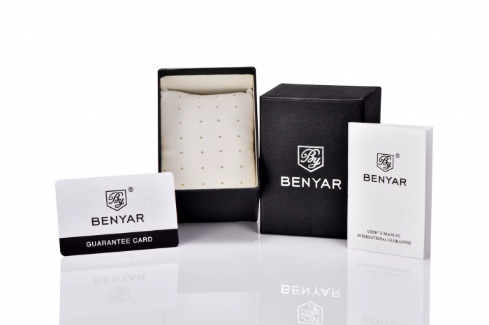 Ceas bărbătesc BENYAR BY-5206, cadran negru, cronograf quartz, luxury, curea din piele neagră, rezistent la apă 3Bar [7]