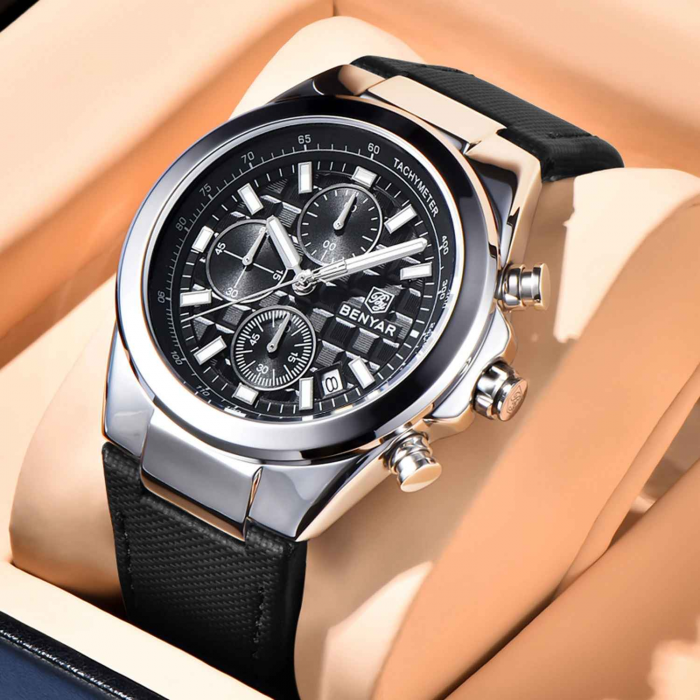 Ceas bărbătesc BENYAR BY-5206, cadran negru, cronograf quartz, luxury, curea din piele neagră, rezistent la apă 3Bar [4]