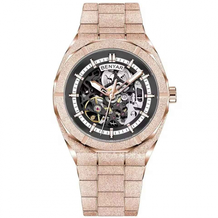 Ceas bărbătesc BENYAR BY-5212M, auriu roze, cadran negru skeleton, mecanic automat, oțel inoxidabil [1]