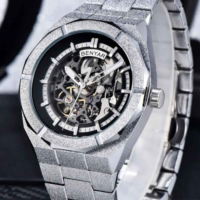 Ceas bărbătesc BENYAR BY-5212M, mecanic automat, skeleton, oțel inoxidabil, geam mineral întărit, rezistent la apă [2]