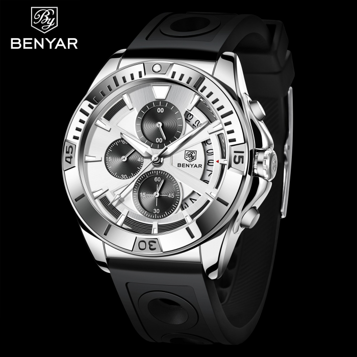 Ceas barbatesc Benyar Casual Quartz Analog Silicon Afisare data Cronograf [3]