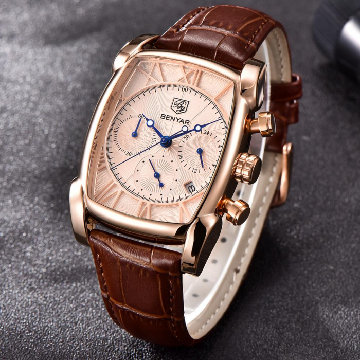 Ceas barbatesc Benyar Clasic Elegant Curea piele Quartz Analog Rose [2]
