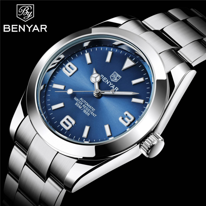 Ceas barbati Benyar Mecanic Automatic Analog Otel Business Argintiu Albastru [4]