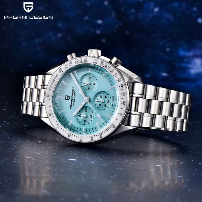 Ceas bărbătesc cronograf PD-1701 V6, cadran albastru ice blue, 40mm, mecanism Seiko VK63, sticlă safir, oțel inoxidabil, 100M [2]