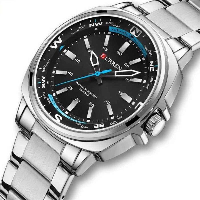 Ceas bărbătesc CURREN 8455 Quartz 41 mm, brățară din oțel inoxidabil, 3 ATM, cadran negru cu accente albastre [2]