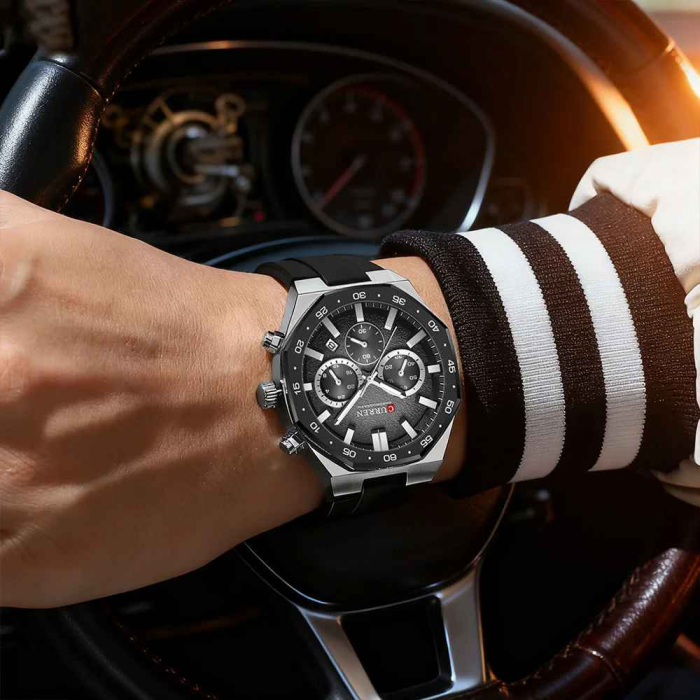 Ceas bărbătesc Curren 8489 cronograf negru cu curea din silicon și cadran antracit [4]