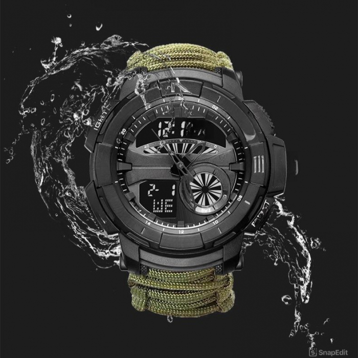 Ceas barbatesc de mana,  ADDIESDIVE, Stil Militar, Army, Cremene foc, Busola, Paracord, Fluier [6]