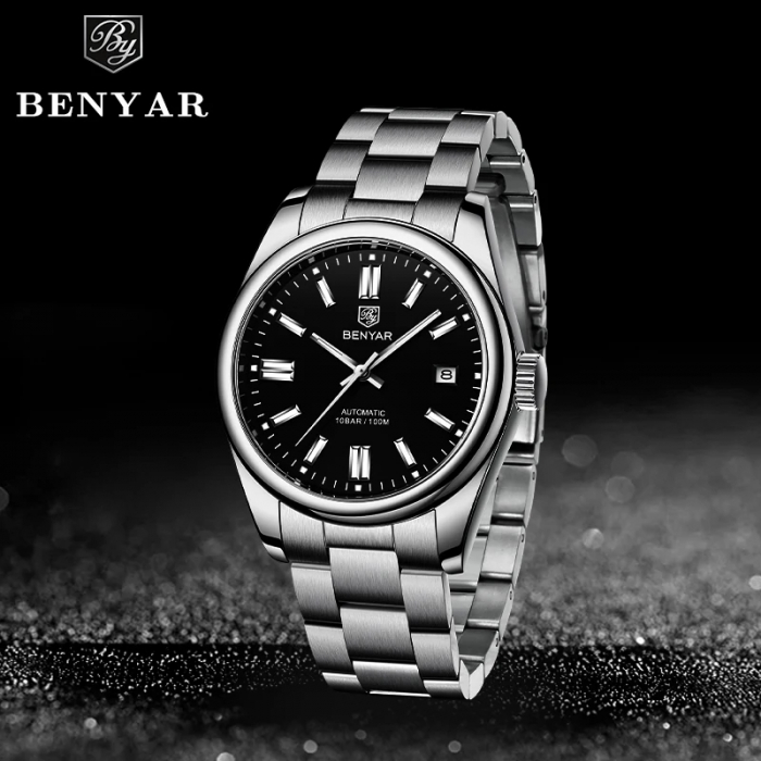 Ceas barbatesc de mana Benyar Mecanic Automatic Analog 10 ATM Argintiu Negru [7]