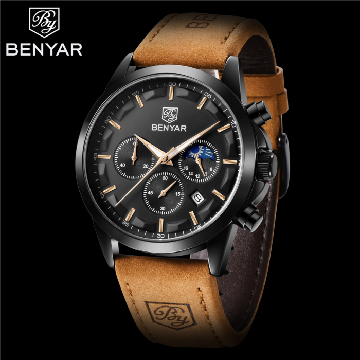 Ceas de barbati de mana Benyar Elegant Quartz Cronograf Casual Piele MaroNegru [4]
