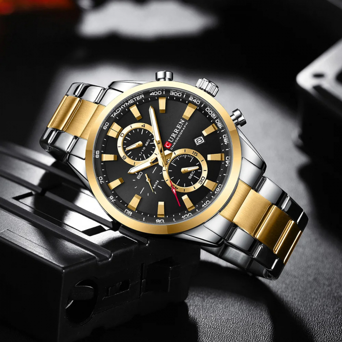 Ceas barbatesc de mana Curren Cronograf Quartz Analog Casual Elegant Fashion Auriu/Negru [5]