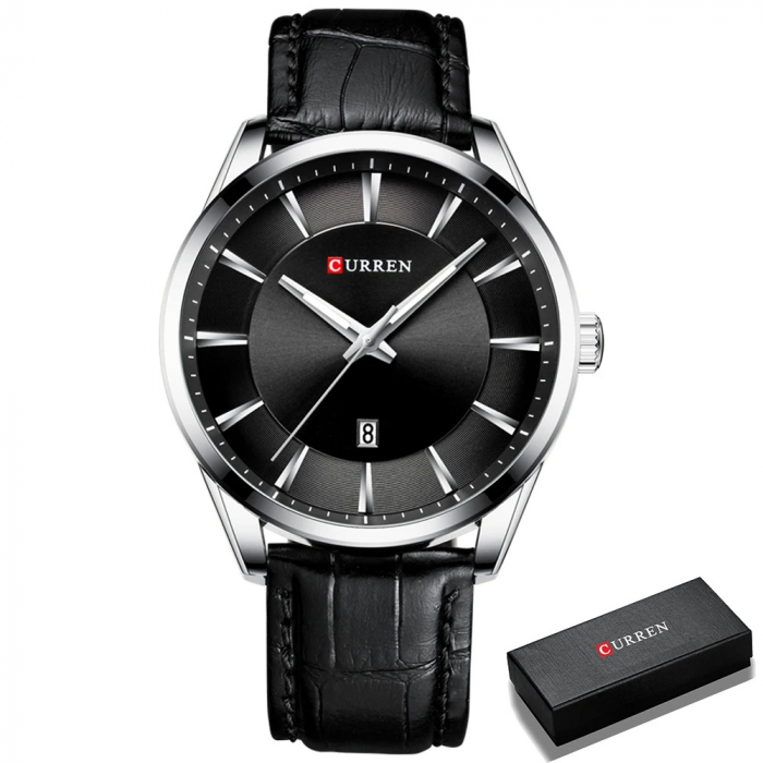 Ceas barbatesc de mana Curren Quartz Fashion Simplu Piele Negru Argintiu [7]