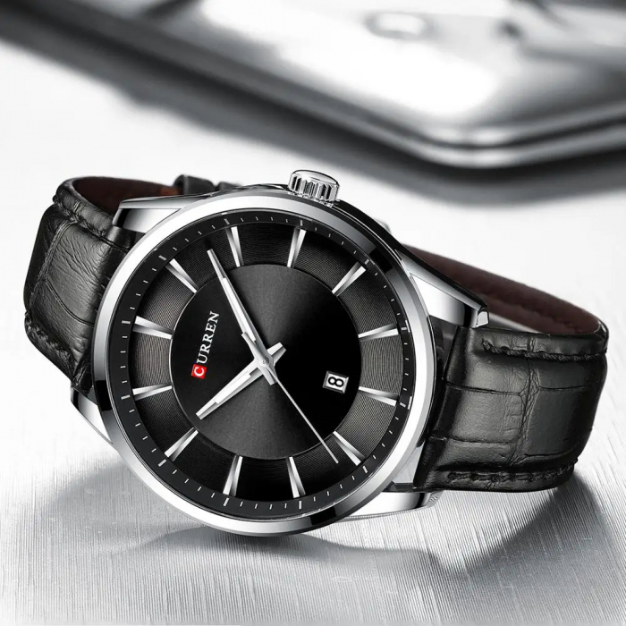 Ceas barbatesc de mana Curren Quartz Fashion Simplu Piele Negru Argintiu [5]