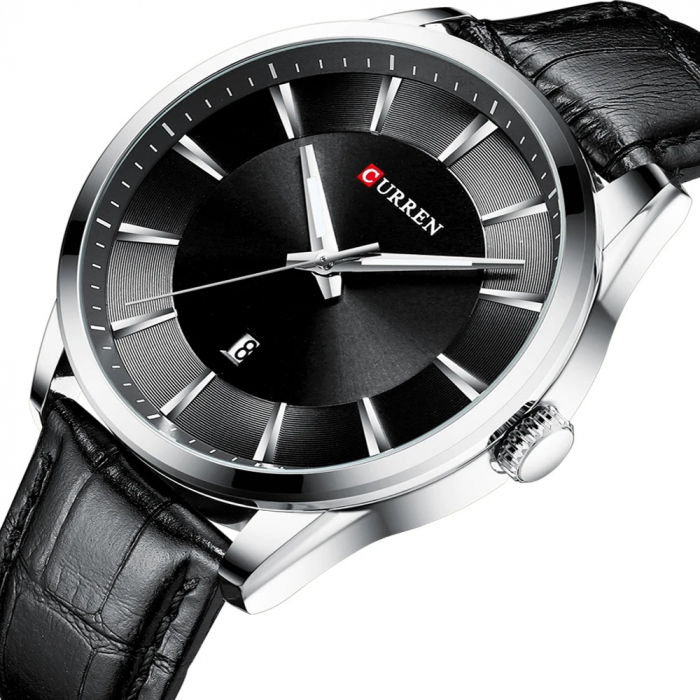 Ceas barbatesc de mana Curren Quartz Fashion Simplu Piele Negru Argintiu [2]