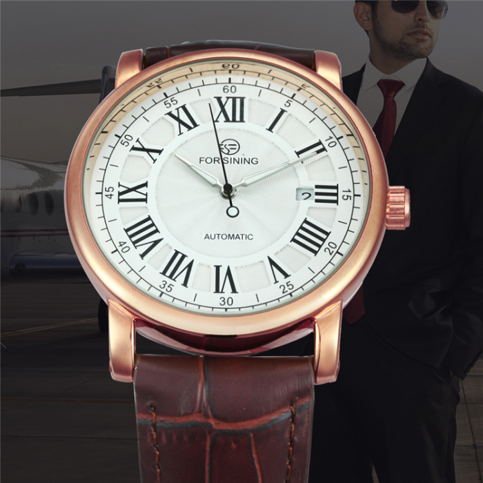 Ceas barbatesc de mana Forsining Mecanic Automatic Analog Clasic Elegant Luxury Business Retro Vintage Fashion Casual Maro Auriu [2]