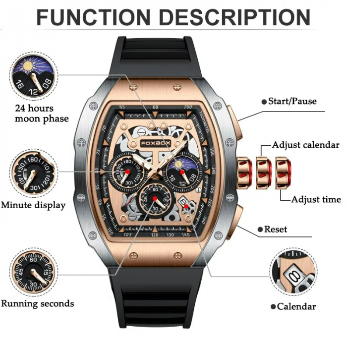 Ceas barbatesc de mana Fox Box Luxury Fashion Casual Cronograf Quartz Silicon [6]