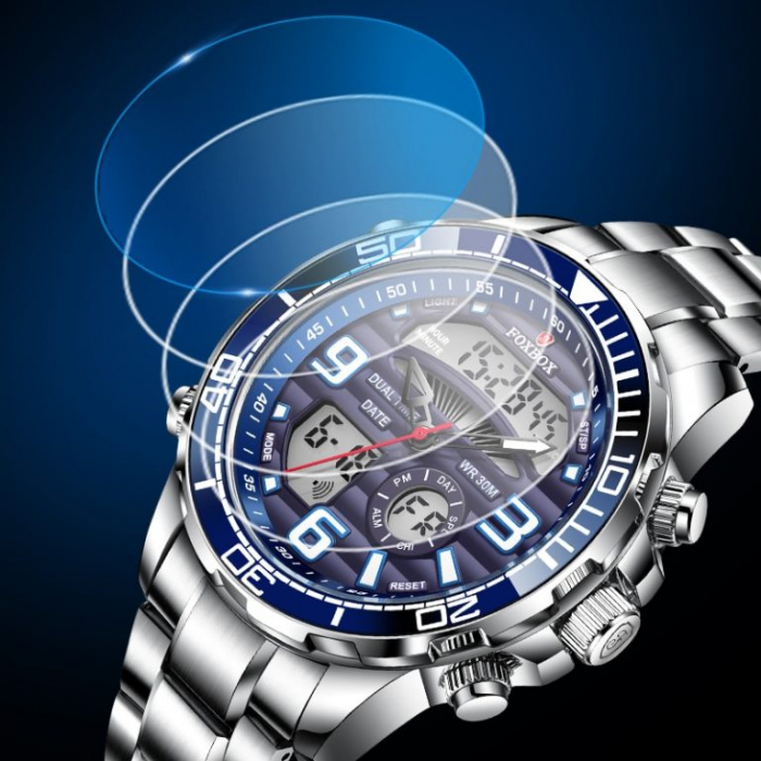Ceas barbatesc de mana Fox Box Business Casual Fashion Elegant Digital Dual Time Argintiu [3]