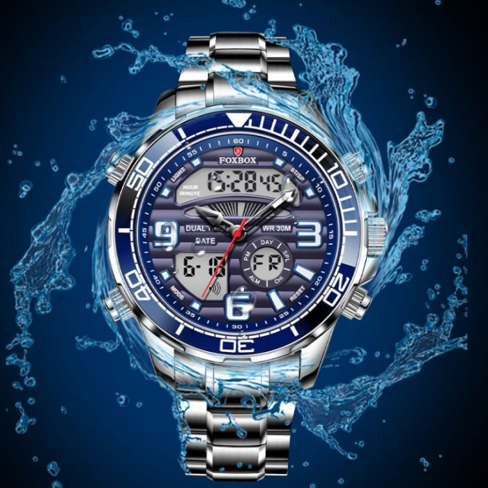 Ceas barbatesc de mana Fox Box Business Casual Fashion Elegant Digital Dual Time Argintiu [5]