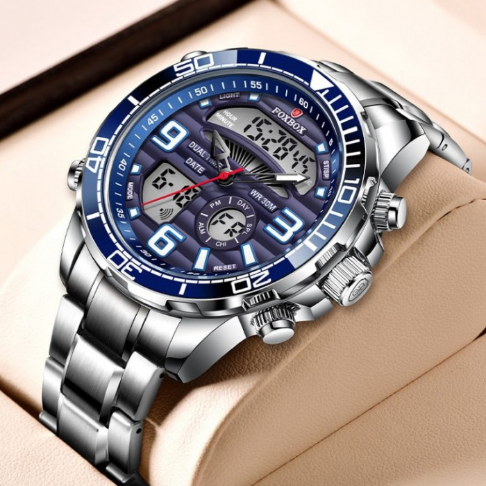 Ceas barbatesc de mana Fox Box Business Casual Fashion Elegant Digital Dual Time Argintiu [2]