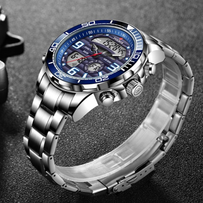 Ceas barbatesc de mana Fox Box Business Casual Fashion Elegant Digital Dual Time Argintiu [4]