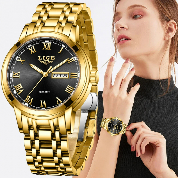 Ceas dama de mana Lige Quartz Fashion Luxury Elegant Casual Analog Auriu [3]