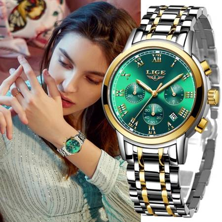 Ceas dama de mana Lige Top Brand Luxury Casual Elegant Fashion Analog Quartz Argintiu Verde [5]