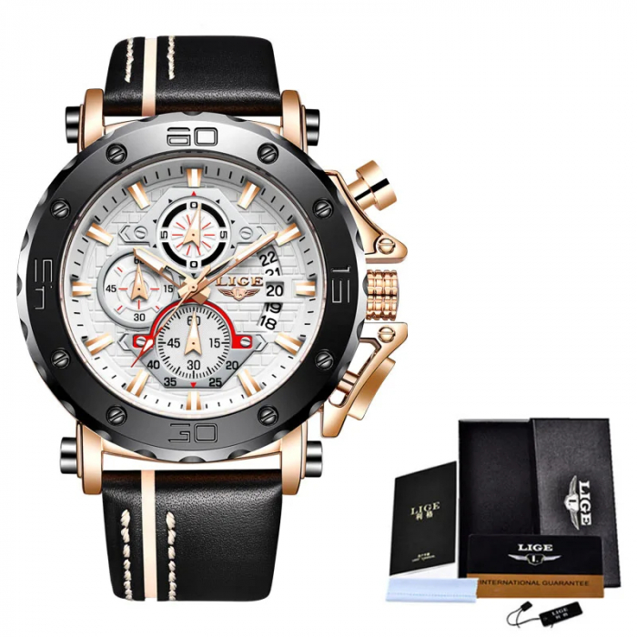 Ceas barbatesc de mana Lige Elegant Cronograf Quartz Analog Luxury Piele [4]