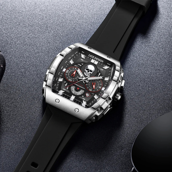 Ceas barbatesc de mana Lige Craniu Skeleton Casual Stil Cronograf Militar Sport Silicon [5]
