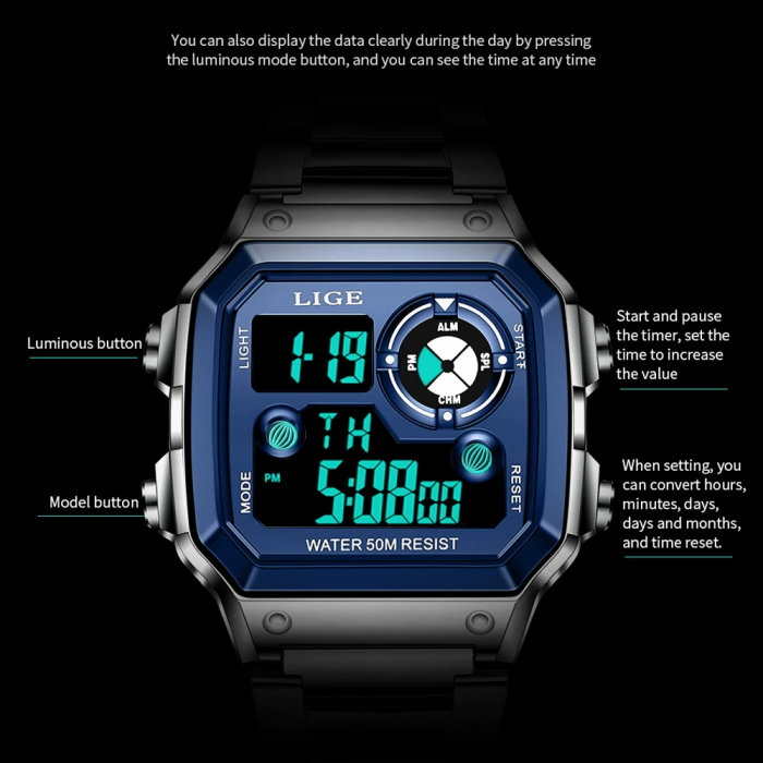 Ceas barbatesc de mana Lige Cronograf Top Brand Electronic Digital Sport Fashion Casual Argintiu [6]