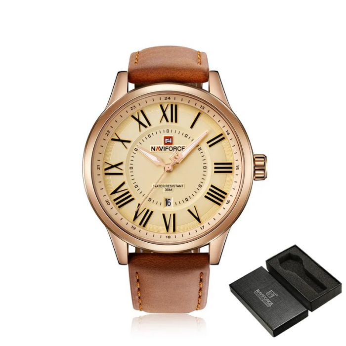 Ceas barbatesc de mana Naviforce Clasic Cifre romane Data Casual Elegant Maro Auriu [6]