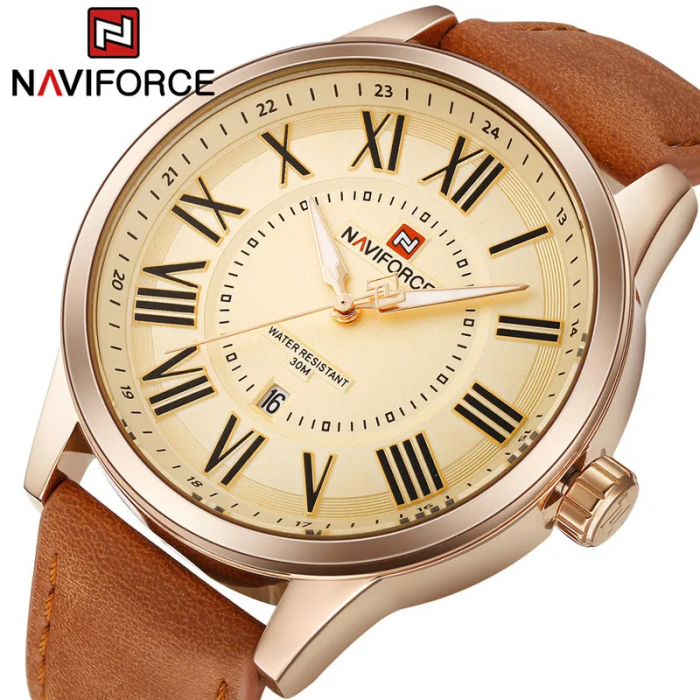 Ceas barbatesc de mana Naviforce Clasic Cifre romane Data Casual Elegant Maro Auriu [5]