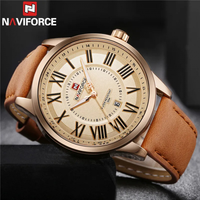 Ceas barbatesc de mana Naviforce Clasic Cifre romane Data Casual Elegant Maro Auriu [2]