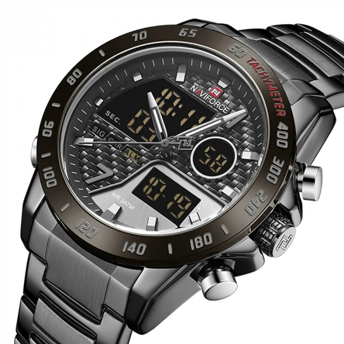 Ceas barbatesc de mana Naviforce Dual Time Led Quartz Casual Otel inoxidabil Negru [2]