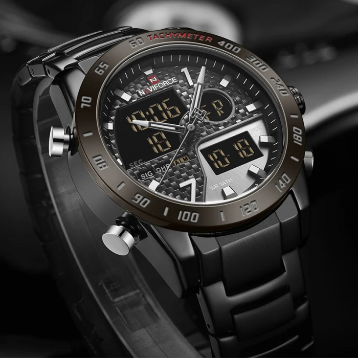 Ceas barbatesc de mana Naviforce Dual Time Led Quartz Casual Otel inoxidabil Negru [5]
