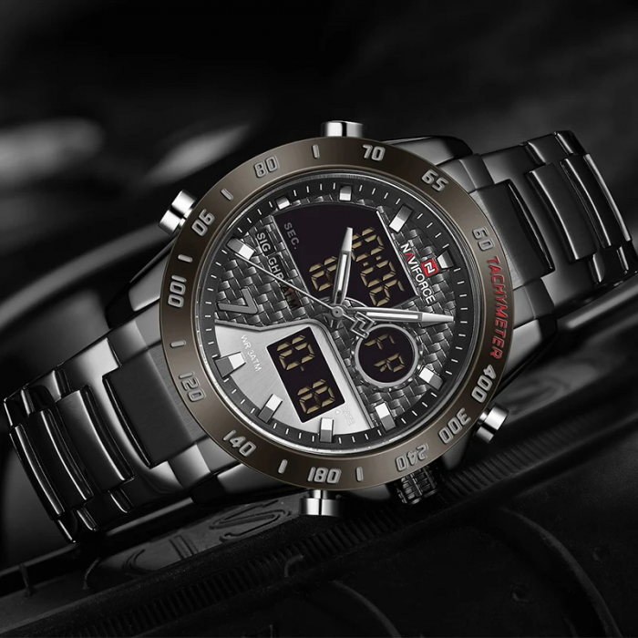 Ceas barbatesc de mana Naviforce Dual Time Led Quartz Casual Otel inoxidabil Negru [3]