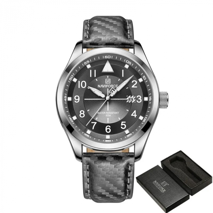 Ceas barbatesc de mana Naviforce Elegant Auto Data Sport Fashion Casual Piele naturala Gri [2]