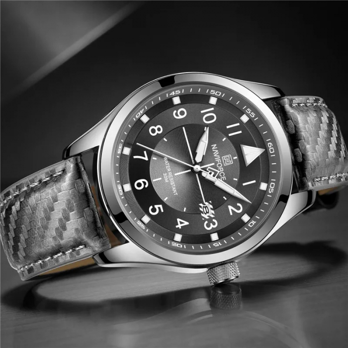Ceas barbatesc de mana Naviforce Elegant Auto Data Sport Fashion Casual Piele naturala Gri [4]