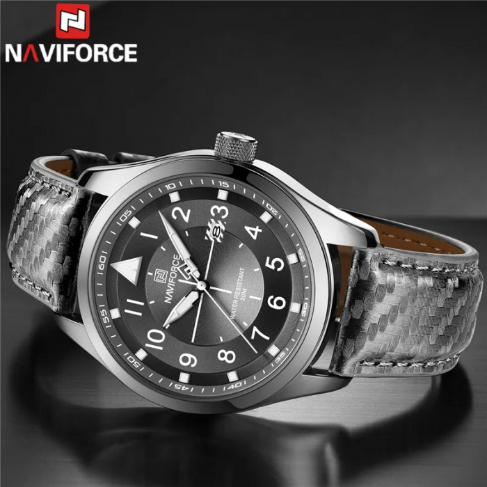 Ceas barbatesc de mana Naviforce Elegant Auto Data Sport Fashion Casual Piele naturala Gri [3]