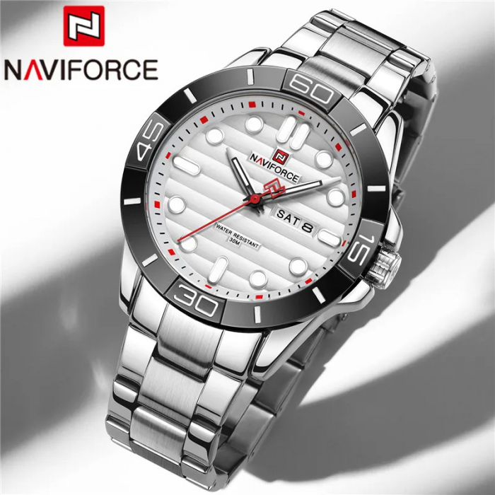 Ceas barbatesc de mana Naviforce Quartz Analog Fashion Casual Elegant Argintiu Alb [2]