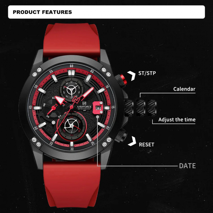 Ceas barbatesc de mana Naviforce Quartz Analog Led Army Militar Silicon Rosu [4]