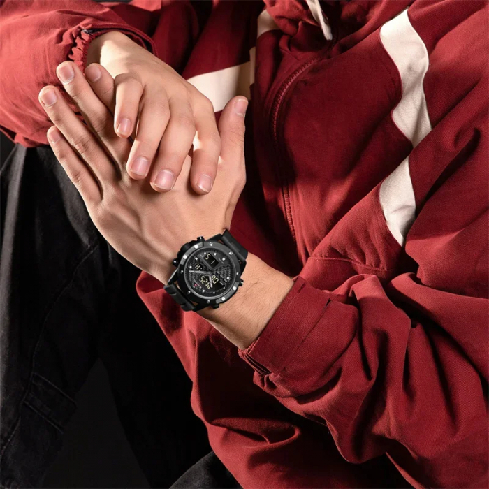 Ceas barbati de mana Naviforce Quartz Dual Time Analog Army Militar Led Silicon Negru [3]