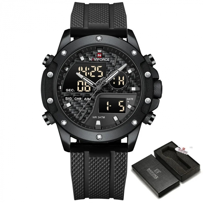 Ceas barbati de mana Naviforce Quartz Dual Time Analog Army Militar Led Silicon Negru [6]
