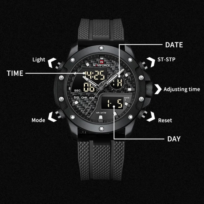 Ceas barbati de mana Naviforce Quartz Dual Time Analog Army Militar Led Silicon Negru [4]